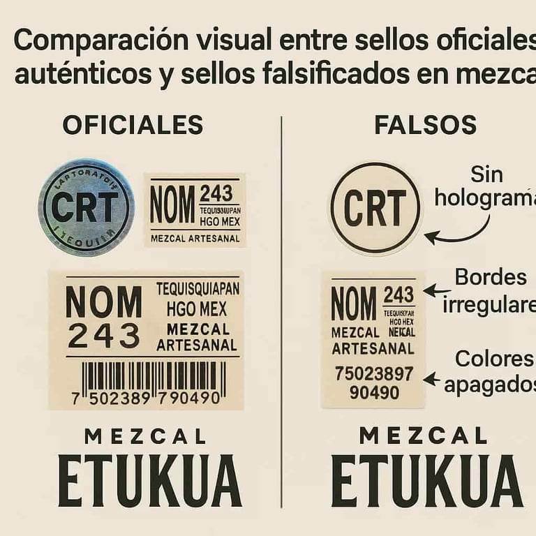  Imagen comparativa que muestra sellos oficiales genuinos frente a sellos falsos con diferencias des