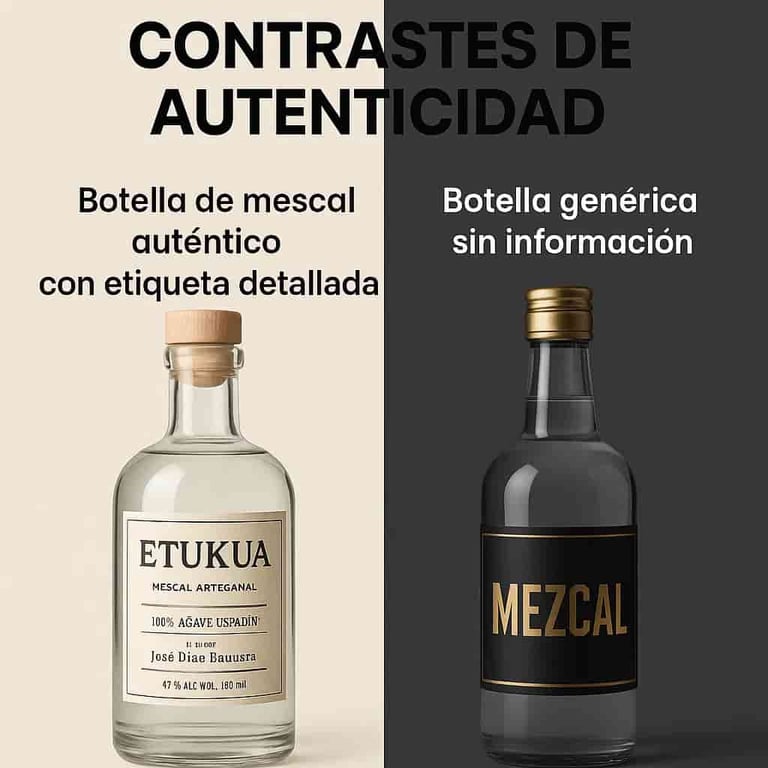 Comparación lado a lado entre botella de mezcal auténtico con etiqueta detallada y botella genérica 