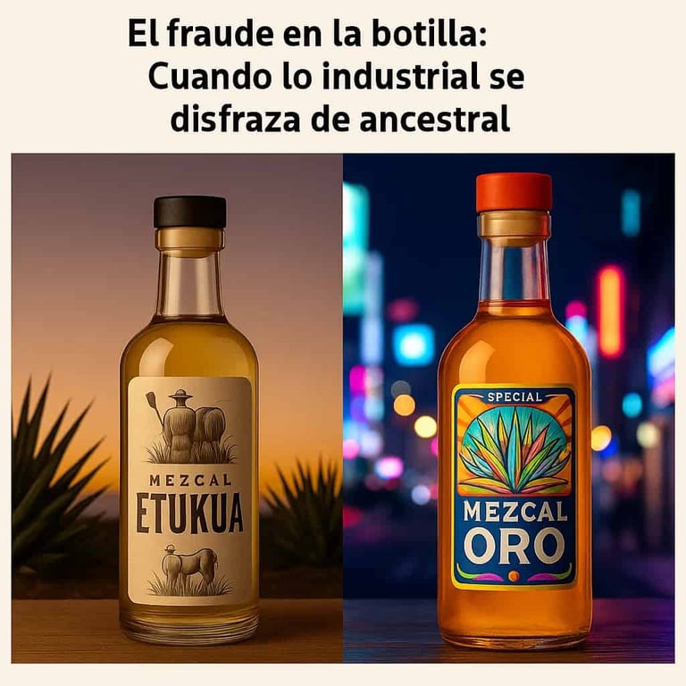 Diferencias visuales entre mezcal artesanal Etukua y mezcal industrializado, comparando autenticidad