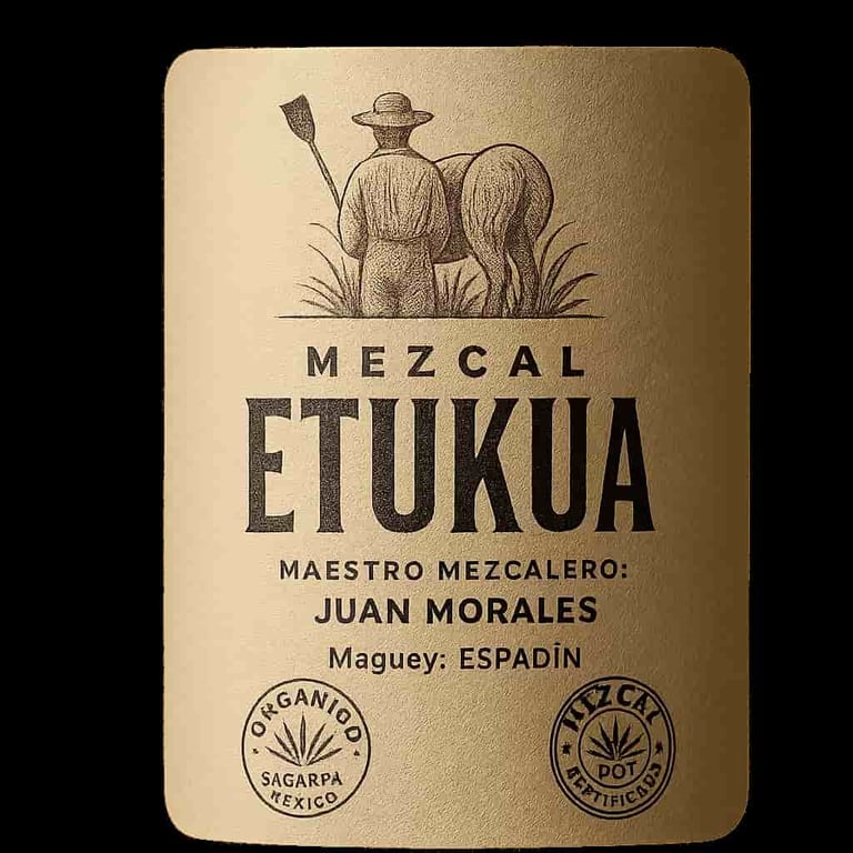 Primer plano de la etiqueta de una botella de Etukua, mostrando claramente la información del maestr