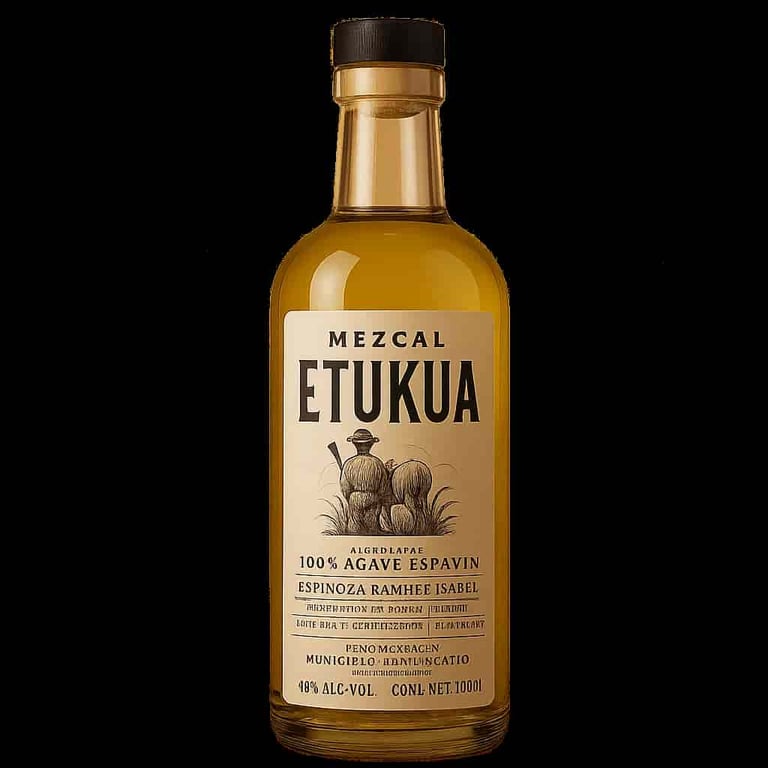 Botella de mezcal mostrando etiqueta con detalles de producción y origen