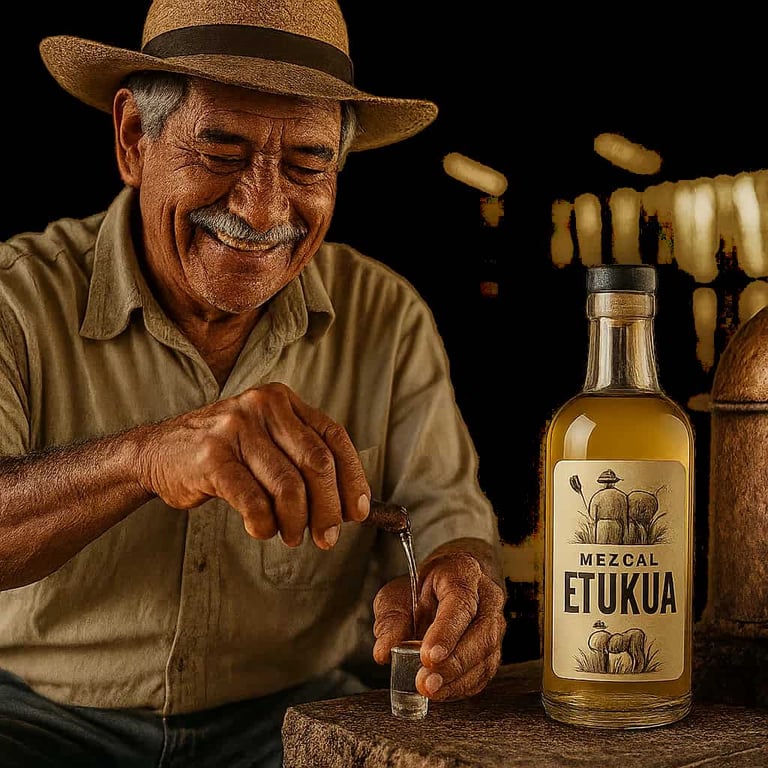 Maestro mezcalero en palenque mostrando el proceso de destilación con transparencia y autenticidad