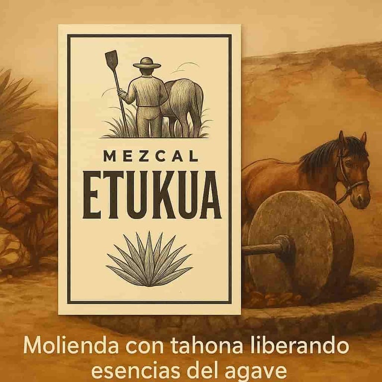 Tahona de piedra tirada por caballo moliendo agave cocido