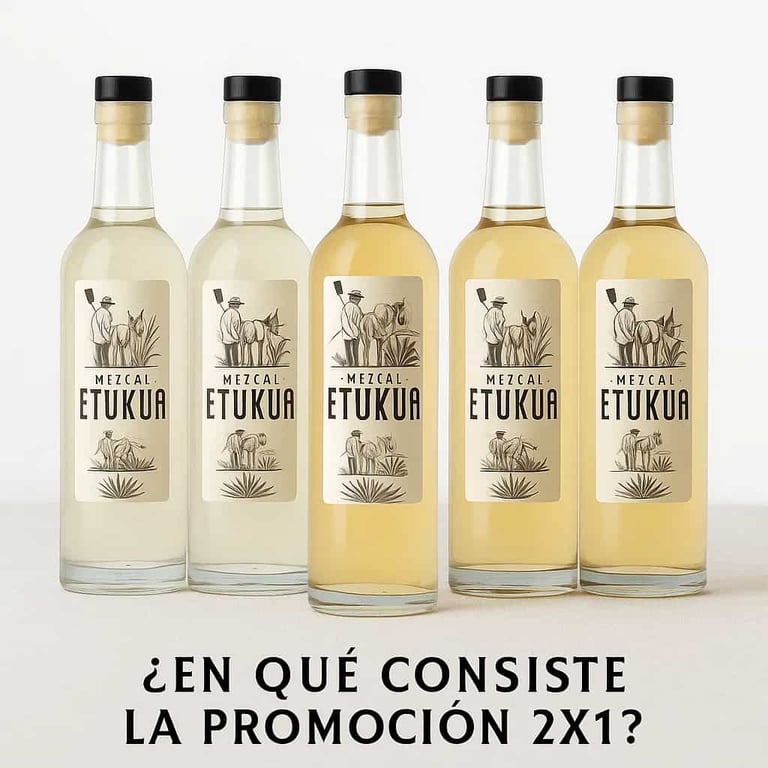 Composición de tres conjuntos de dos botellas de diferentes mezcales Etukua cada uno, mostrando la 