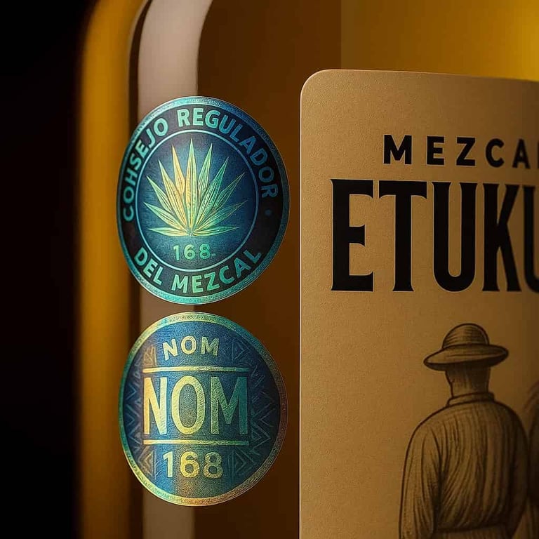 Primer plano extremadamente detallado de sellos holográficos oficiales CRT y NOM en botella de mezca