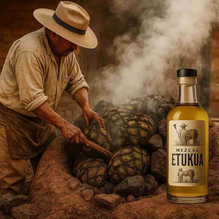 Maestro mezcalero revolviendo las piñas de maguey en un horno de tierra tradicional (palenque)