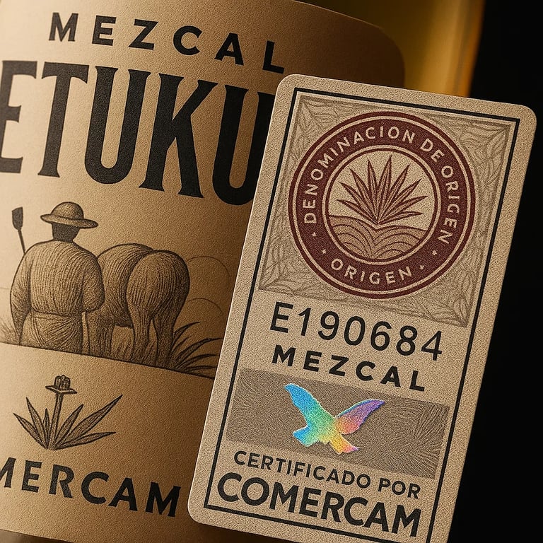 Close-up de sellos oficiales auténticos de mezcal mostrando elementos de seguridad