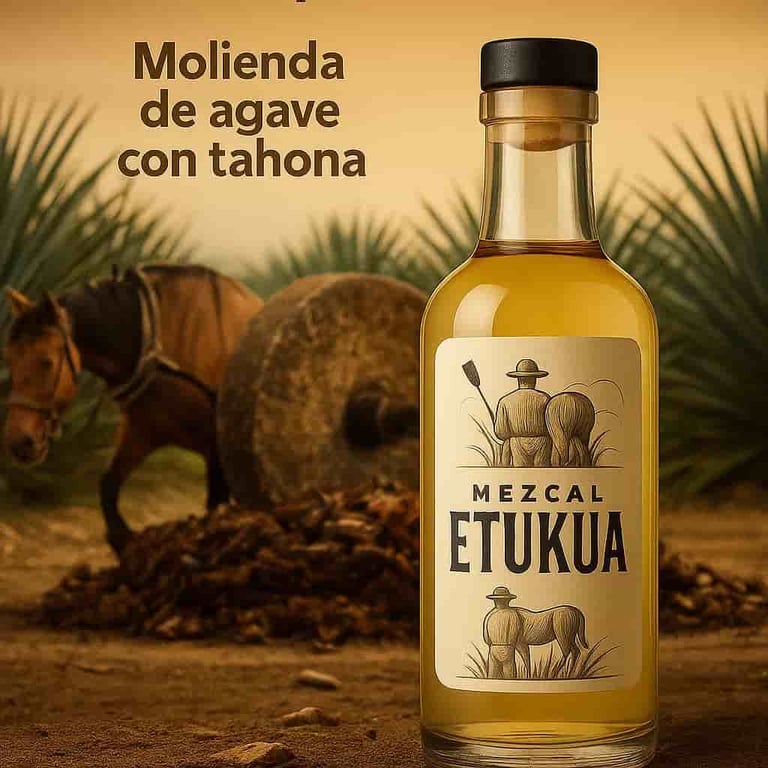 Tahona tirada por mula moliendo agave cocido