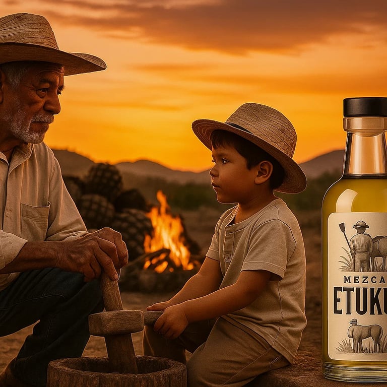 Abuelo enseñando a su nieto técnicas tradicionales en palenque al atardecer