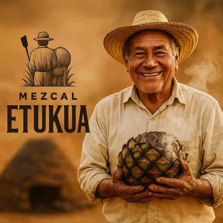 Maestro mezcalero en un palenque mostrando una piña de maguey cocida, con un horno de tierra de fond