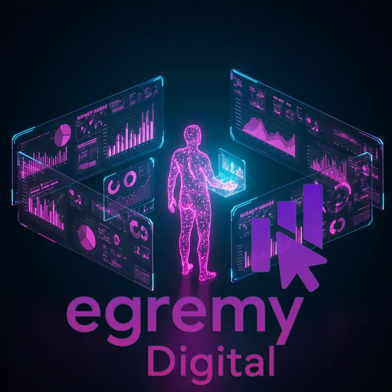 Figura digital rodeada de dashboards holográficos y logo Egremy Digital, simboliza analítica de datos avanzada.