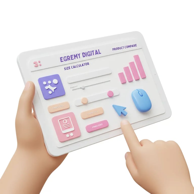 Manos sostienen tablet con interfaz 3D de Egremy Digital; calculadora de tamaño y comparador de productos interactivo.
