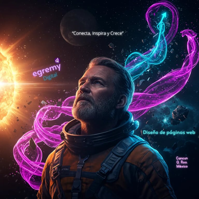 Astronauta observa el sol con flujos de energía y logo Egremy Digital; simboliza diseño web y crecimiento desde Cancún