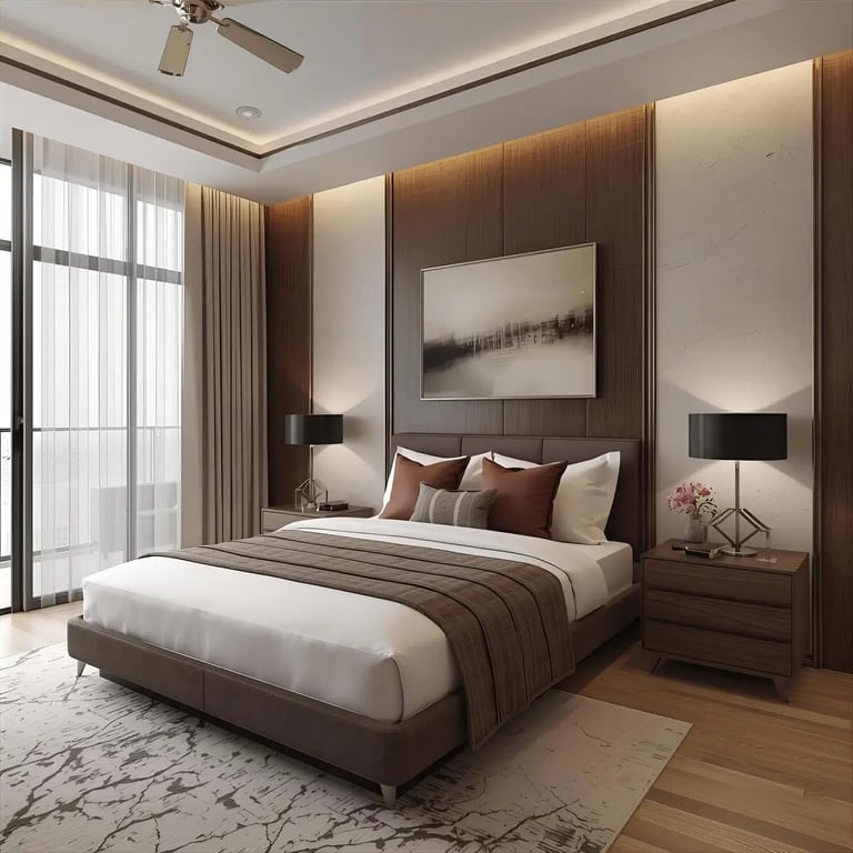 projeto de arquitetura de dormitório suíte com tons amadeirados e cama.