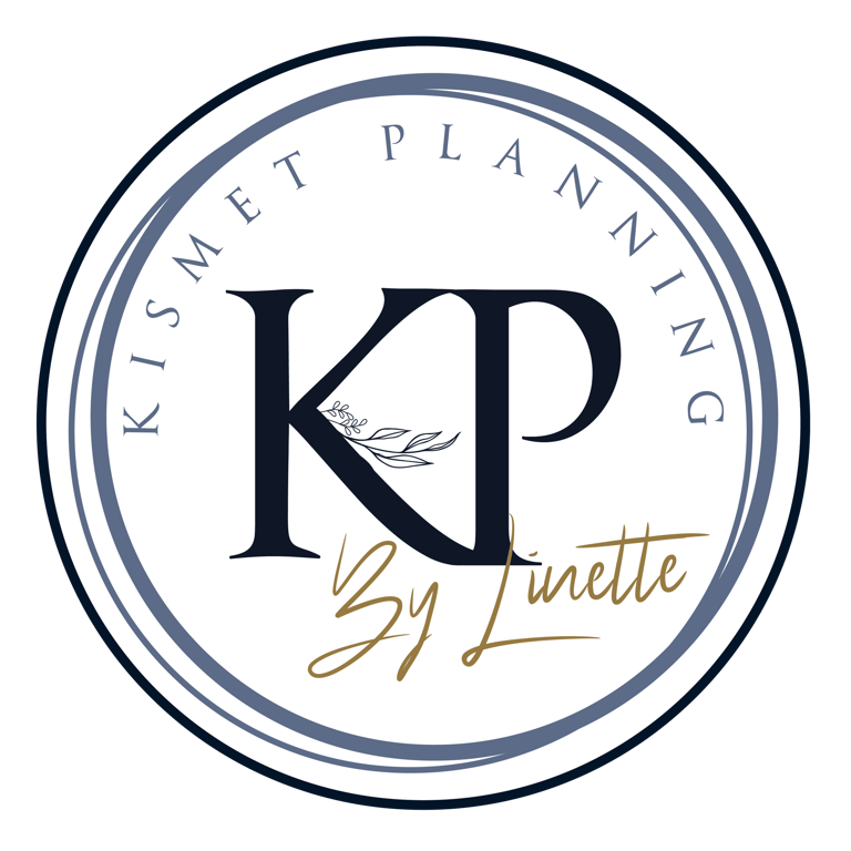 Kismet Planning By Linette circular logo with KP initials and elegant floral accents.