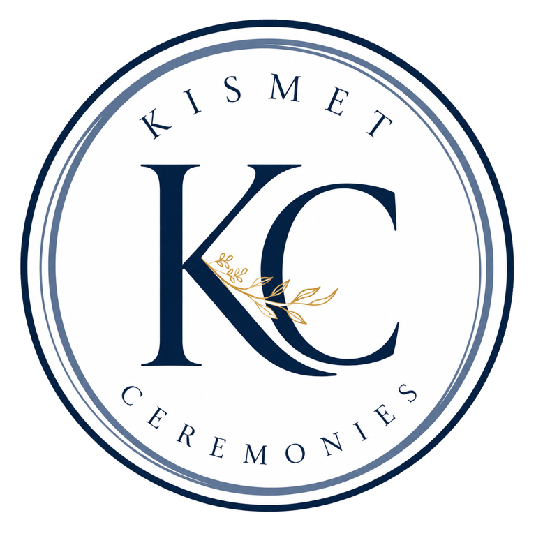 Kismet Ceremonies round navy blue logo featuring KC initials and a gold botanical branch.