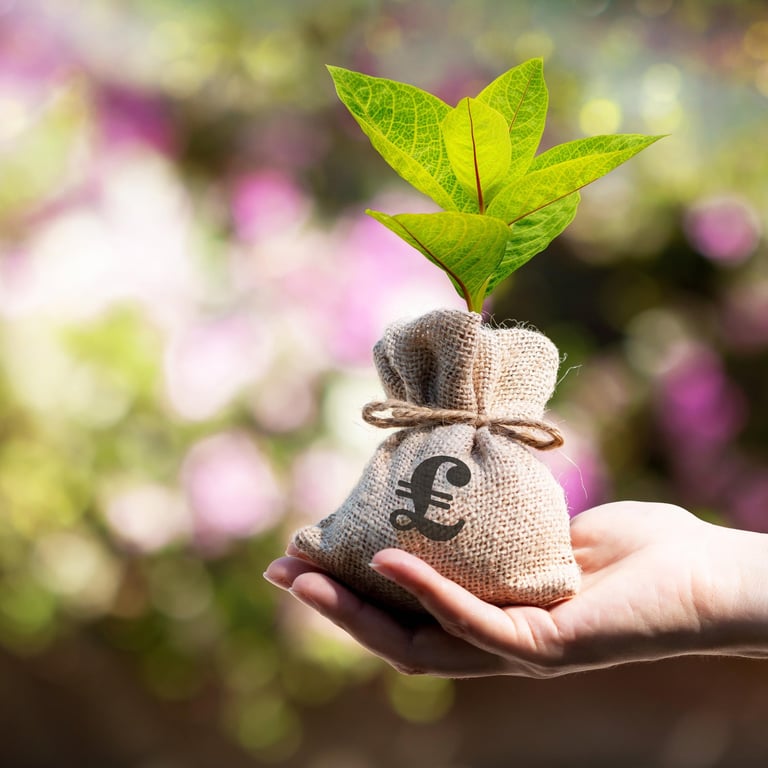 hand with small bag of British money
