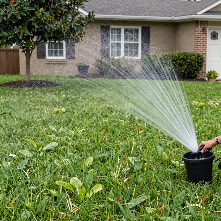 Automatic lawn sprinkler spraying water over a green residential yard near a house.