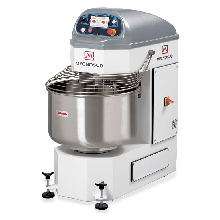 Industrial Mecnosud spiral dough mixer with stainless steel bowl for commercial bakery equipment.