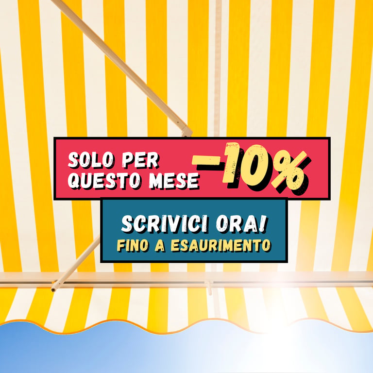 Grafica promozionale con scritta “Solo per questo mese -10%” su sfondo a righe gialle e bianche.