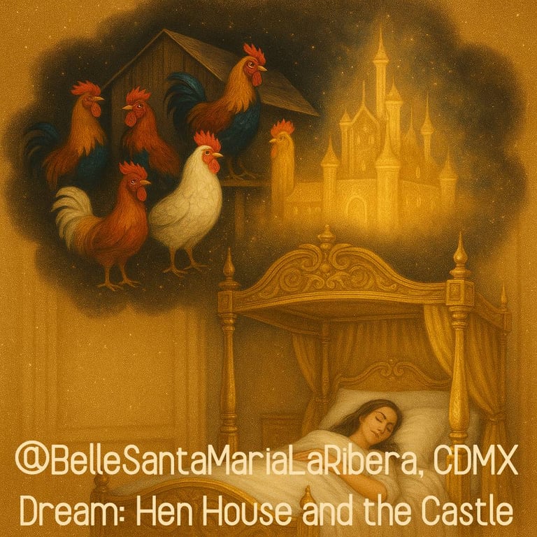 a cloud above showing a hen house full of colorful roosters transforming into a radiant castle