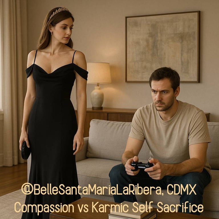 emotional imbalance and unreciprocated energy in relationships. woman in black tie dress. man plays