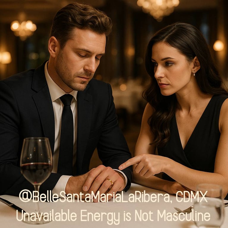 woman points to man's wedding ring, revealing his marital status. belle.com.mx energy dating coach