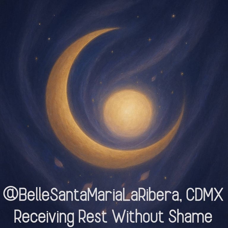 Crescent moon cradling glowing light with stars & petals, symbolizing sacred rest without shame