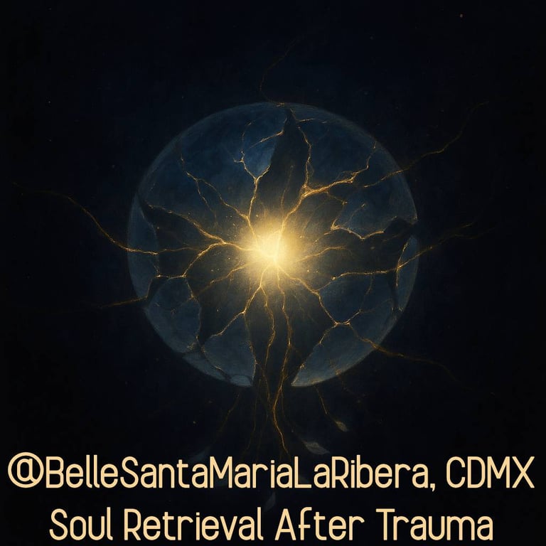 glowing sphere reassembling with golden threads, symbolizing soul retrieval after trauma & fragment