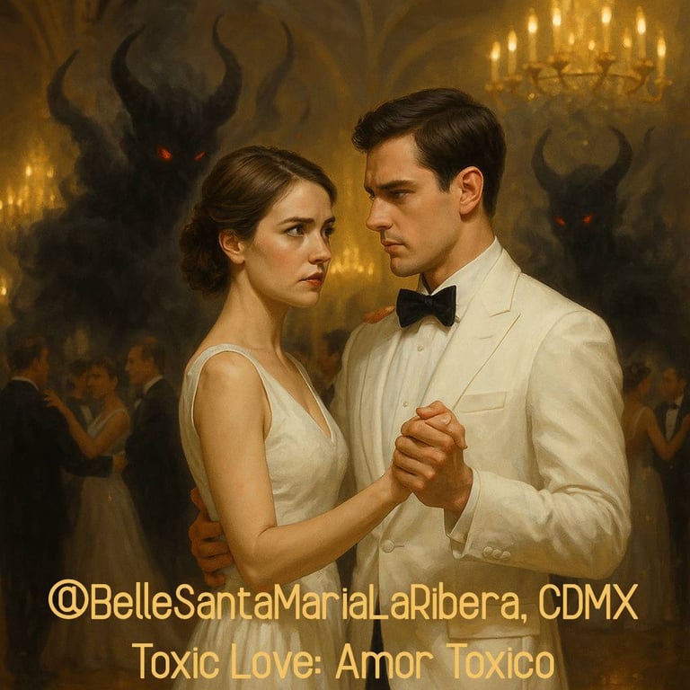 couple dances tensely, ghostly, smoke-like demonic figures, golden chandeliers, ballroom, dancing