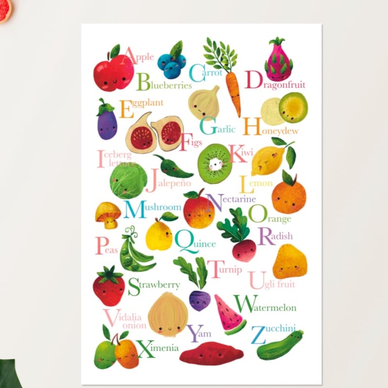 Illustrated fruits and veggies poster printable