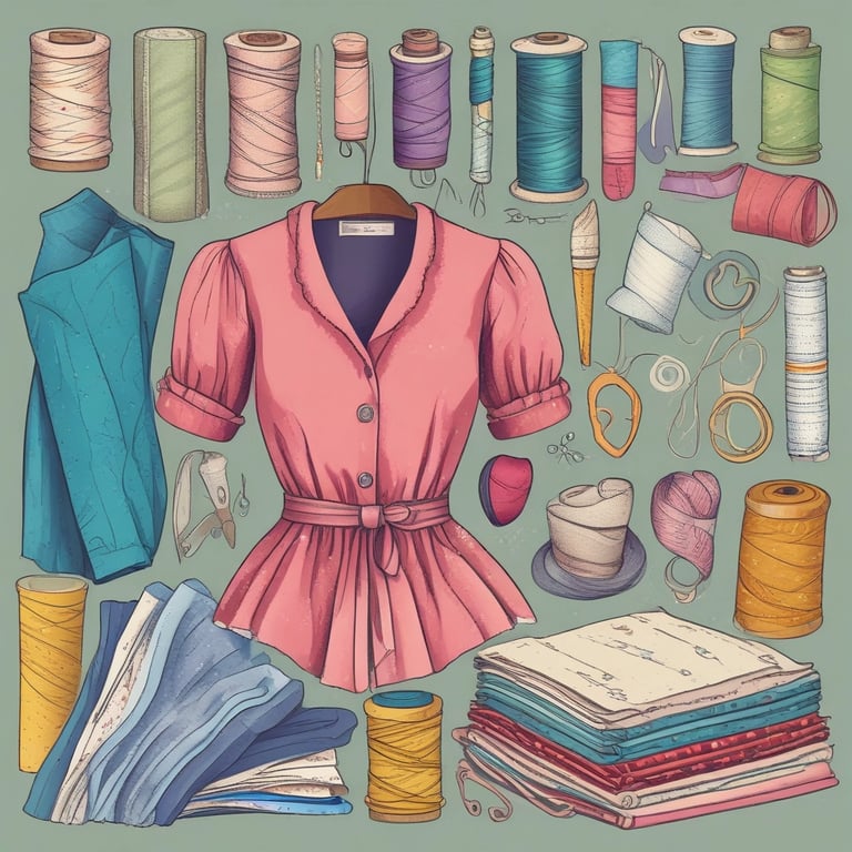 An image of a sewn pink top with fabric, spools of thread in different colors, and notions.