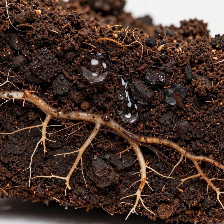 Extreme macro close-up of a soil core sample showing rich dark loam layers, root structures, and moisture droplets in sharp focus.