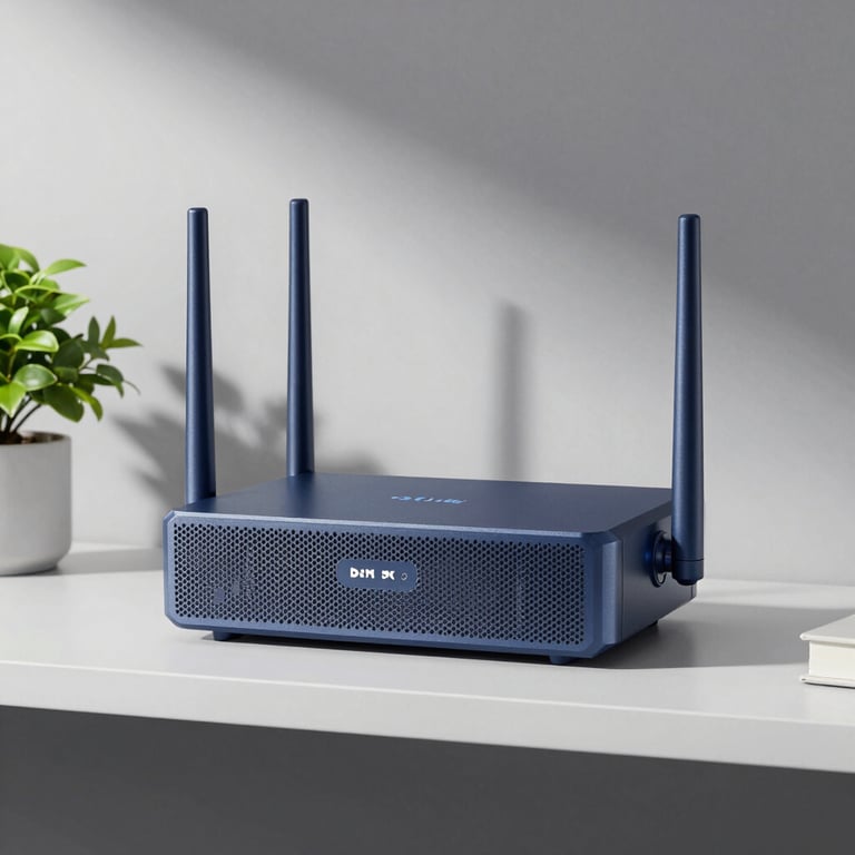 A high-quality mesh Wi-Fi router sitting on a minimalist white shelf next to a small green plant.