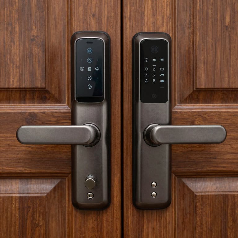 A set of smart locks in a dark metallic finish on a solid wood front door.