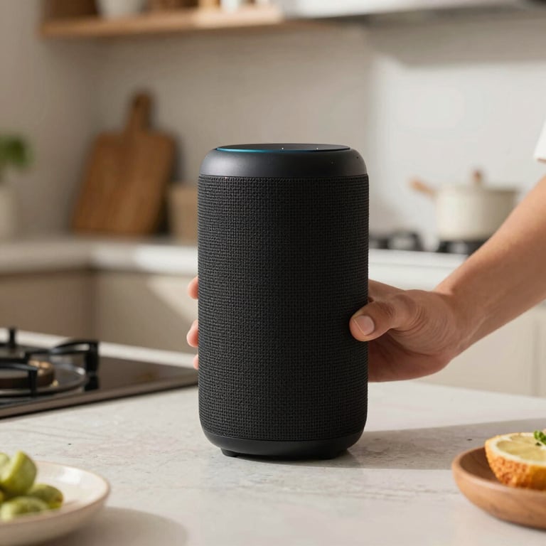 A person using a voice-controlled speaker in a sun-drenched North American kitchen.