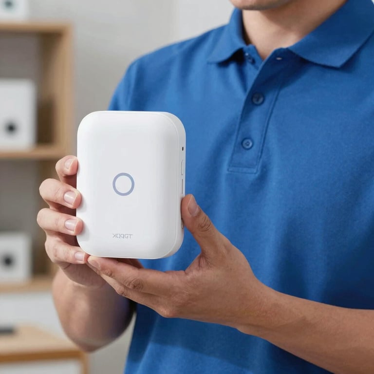 A professional technician in a blue polo shirt holding a smart home hub device.