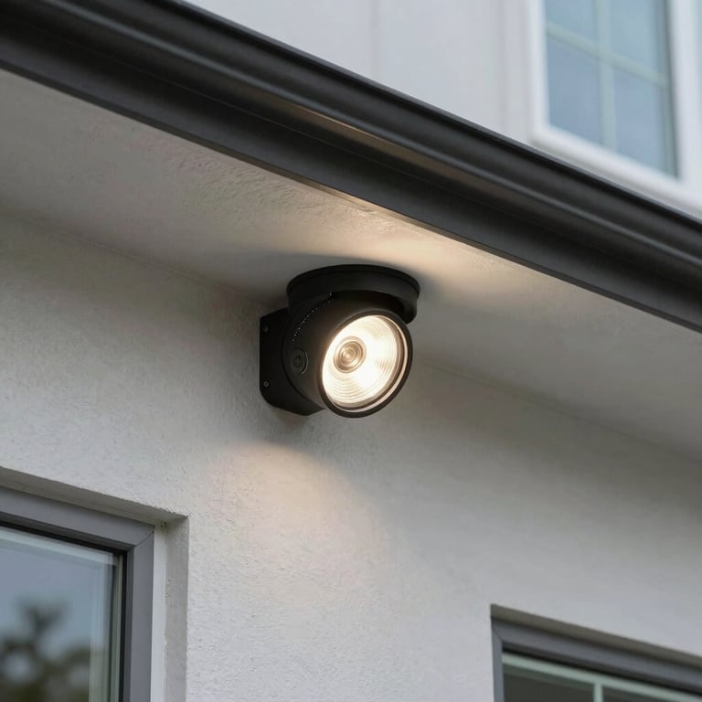 An outdoor floodlight camera installed neatly under the eaves of a modern US suburban house.