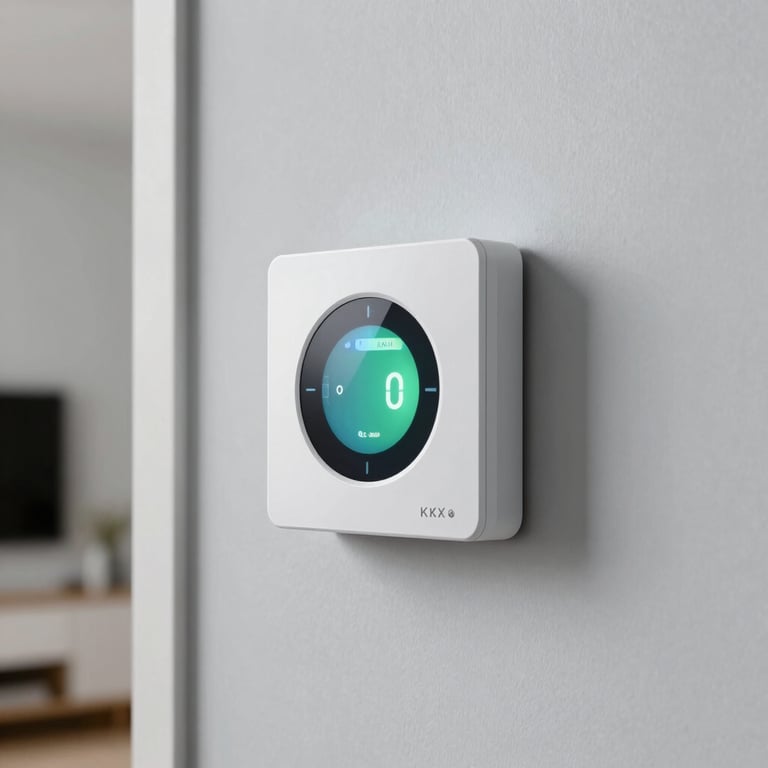 A smart thermostat mounted on a light gray wall in a modern North American home with clean lines.