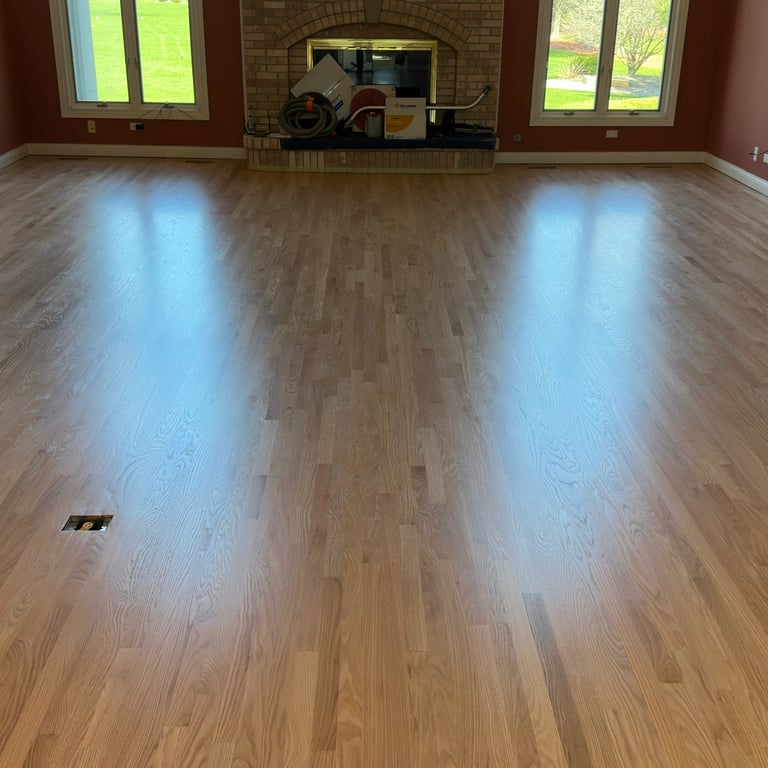 High-gloss hardwood floor restoration and refinishing sunlight reflection