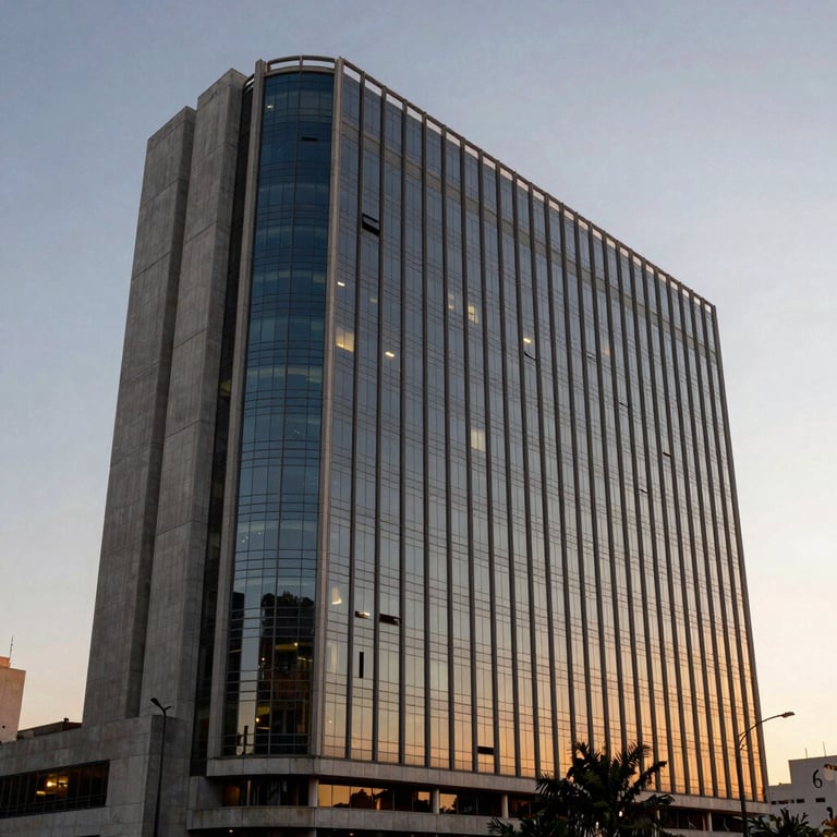 The exterior of a sleek corporate office building in Brazil during sunset with professional lighting.