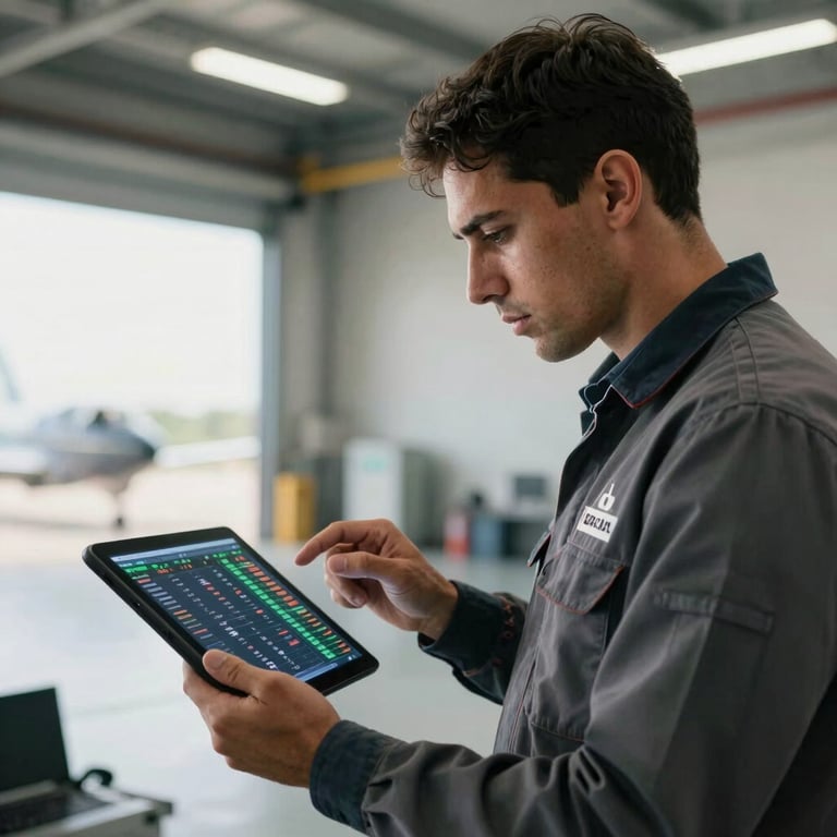 A Brazilian professional technician analyzing flight data on a tablet inside a bright hangar.