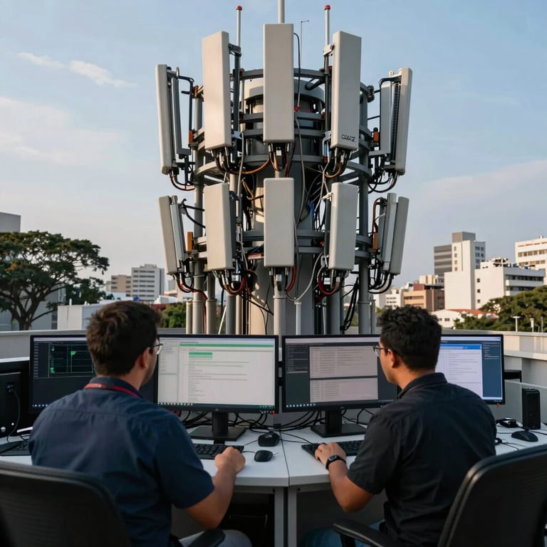 Modern telecommunications hub in São Paulo with multi-monitor setups and professional staff.