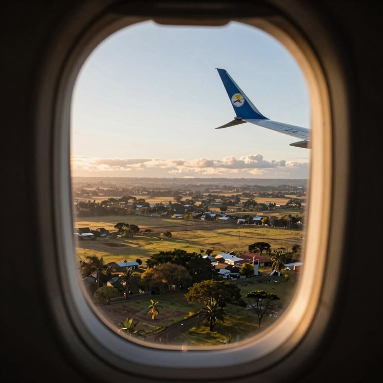 Scenic view through a cockpit window at a South American airport during golden hour.