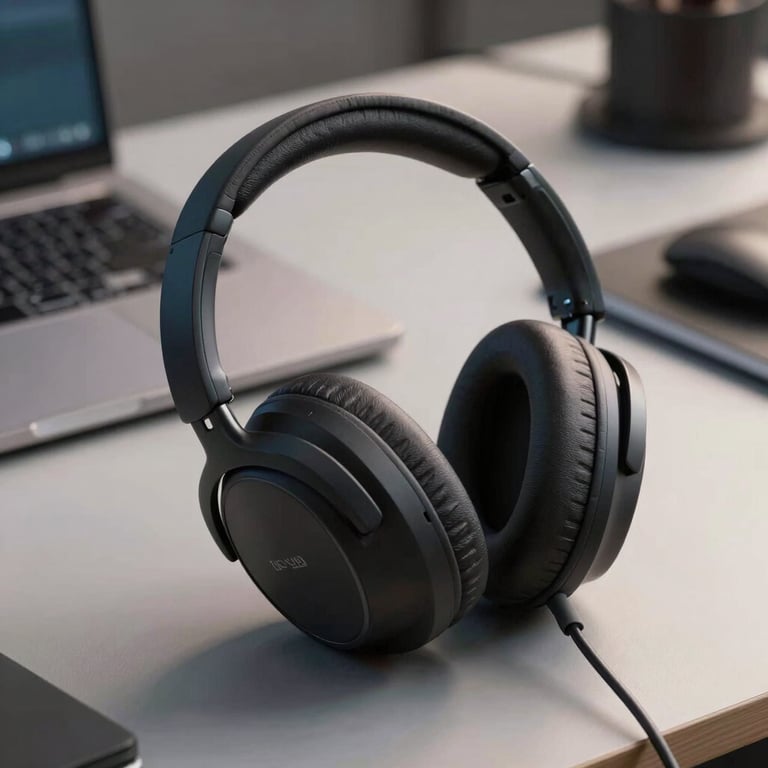 A close-up of high-end noise-canceling headsets resting on a modern desk in a tech environment.