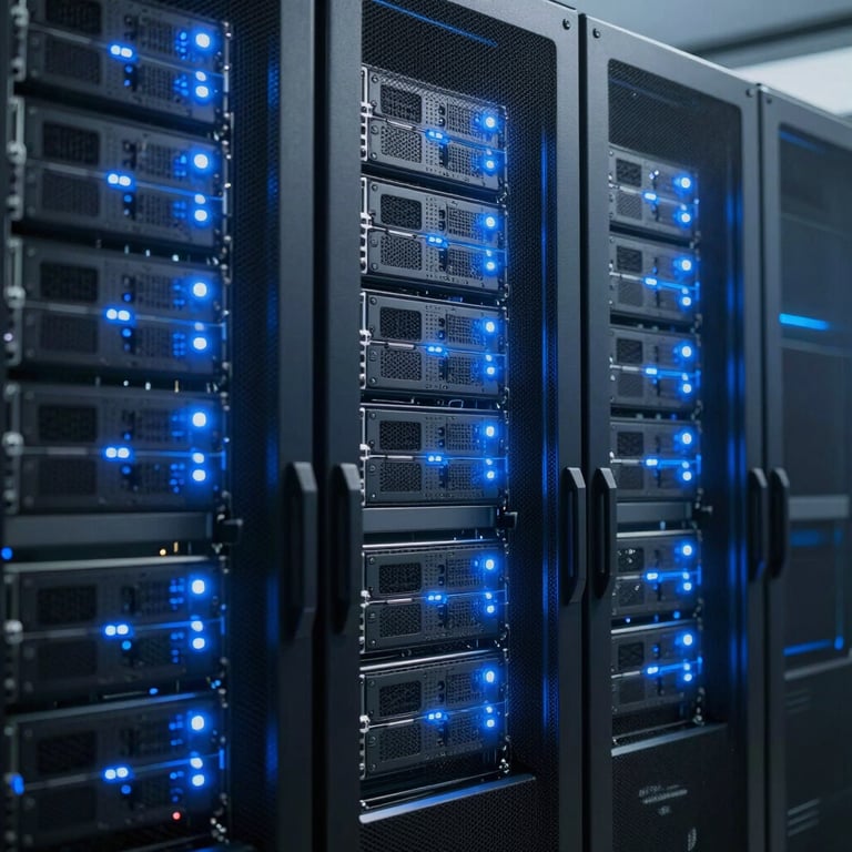 Data center server racks glowing with soft blue LED lights, representing technical efficiency.