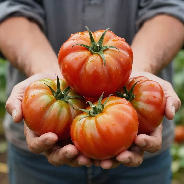 A close-up of a local farmer's hands holding a harvest of vibrant, fresh organic heirloom tomatoes, representing raw quality.
