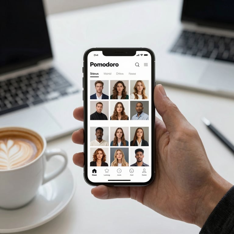 A social media manager's desk at Pomodoro, featuring a smartphone showing a curated Instagram grid and a cup of specialty coffee.