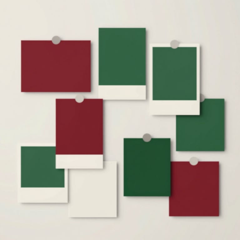 A creative mood board on a studio wall featuring food textures, brand color swatches in Crimson and Forest Green, and typography samples.