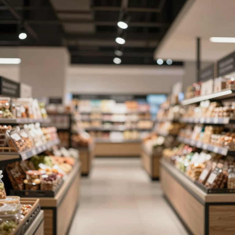 Interior of a modern food market with clean lines, high-end artisanal packaging, and soft architectural lighting.